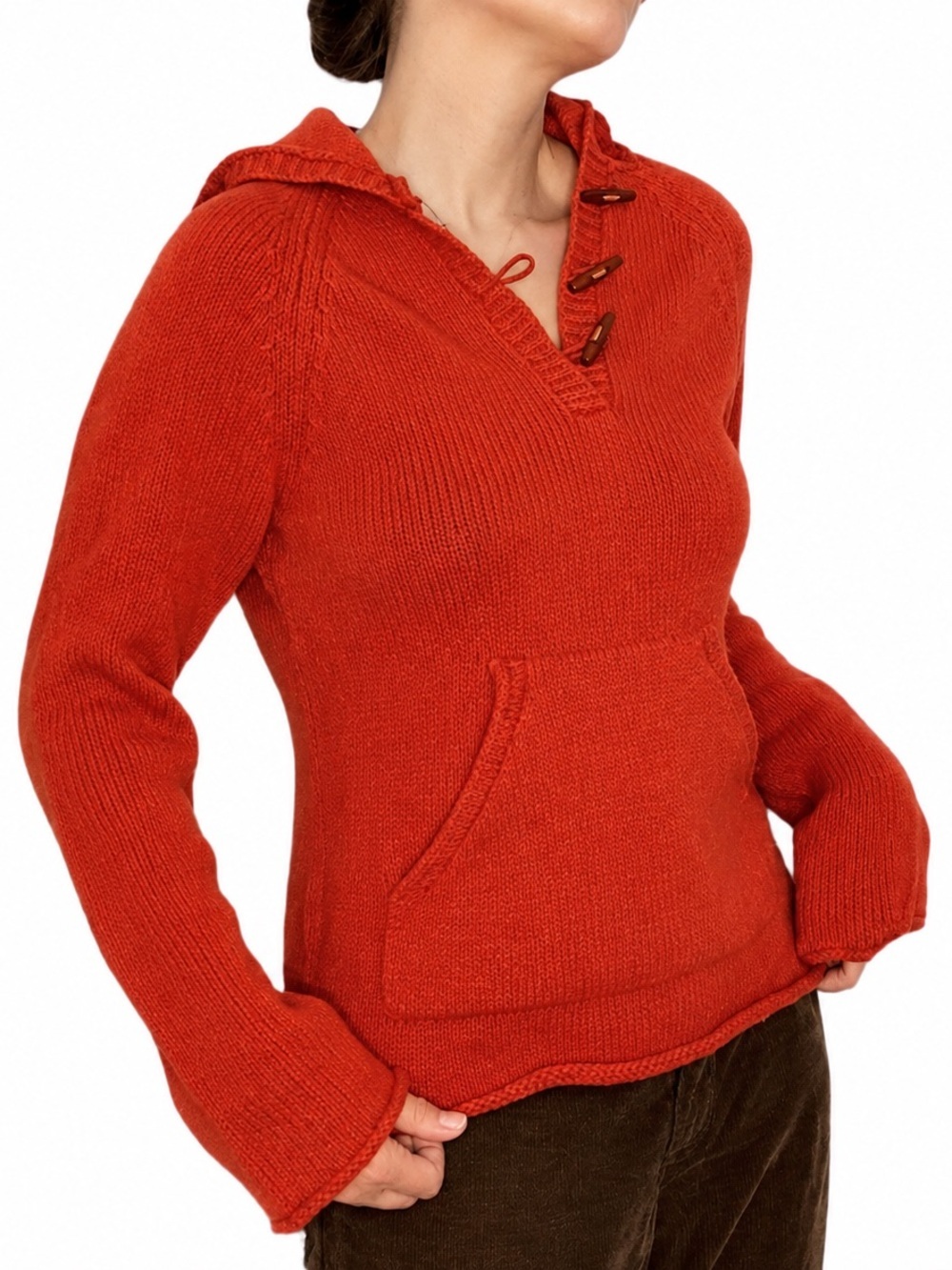 Banana Republic Wool Hoodie Sweater Rust Orange Toggle Neck Pocket Sz S Y2K - Picture 2 of 11